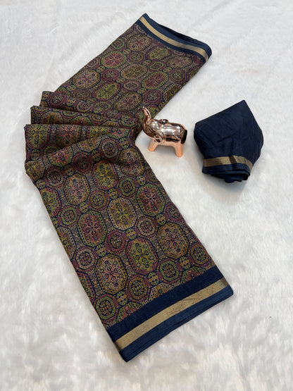 Tussar Saree with Kashmiri-Inspired Geometric Motifs, Gold-Tone Border and Running Blouse for Festive Occasions