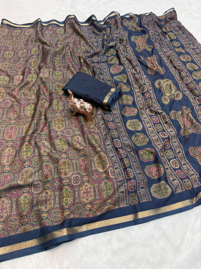 Tussar Saree with Kashmiri-Inspired Geometric Motifs, Gold-Tone Border and Running Blouse for Festive Occasions