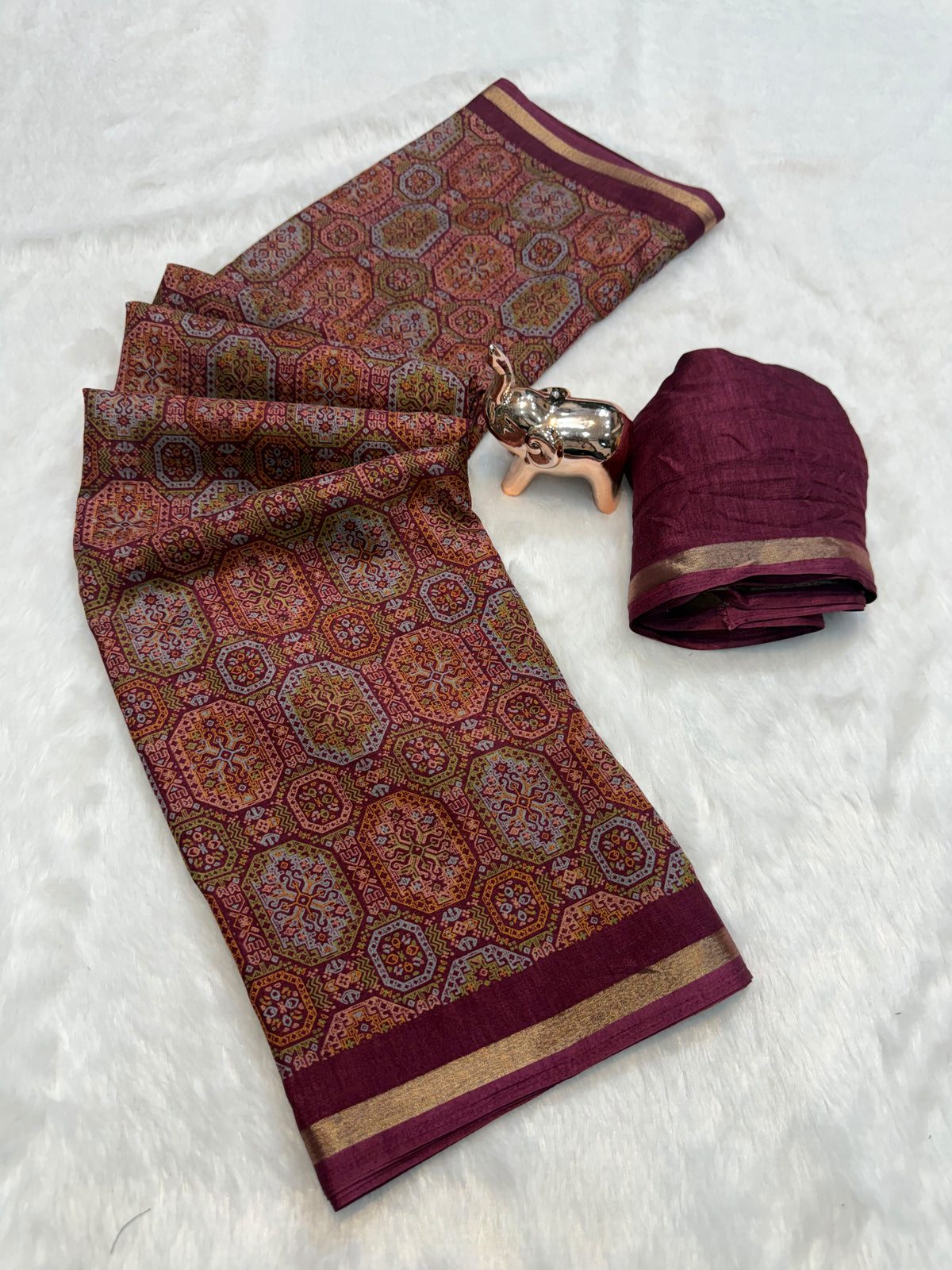 Tussar Saree with Kashmiri-Inspired Geometric Motifs, Gold-Tone Border and Running Blouse for Festive Occasions