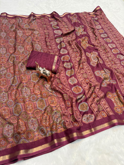 Tussar Saree with Kashmiri-Inspired Geometric Motifs, Gold-Tone Border and Running Blouse for Festive Occasions