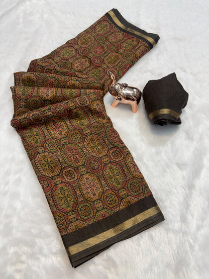 Tussar Saree with Kashmiri-Inspired Geometric Motifs, Gold-Tone Border and Running Blouse for Festive Occasions