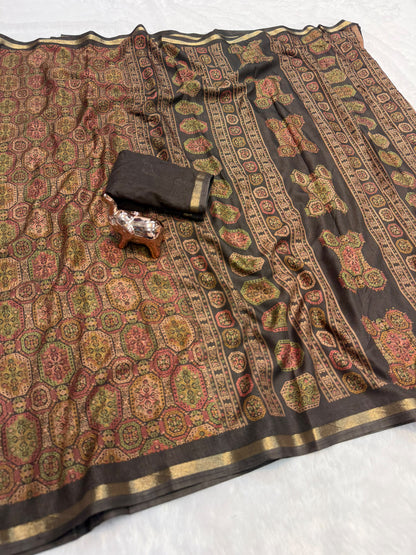 Tussar Saree with Kashmiri-Inspired Geometric Motifs, Gold-Tone Border and Running Blouse for Festive Occasions