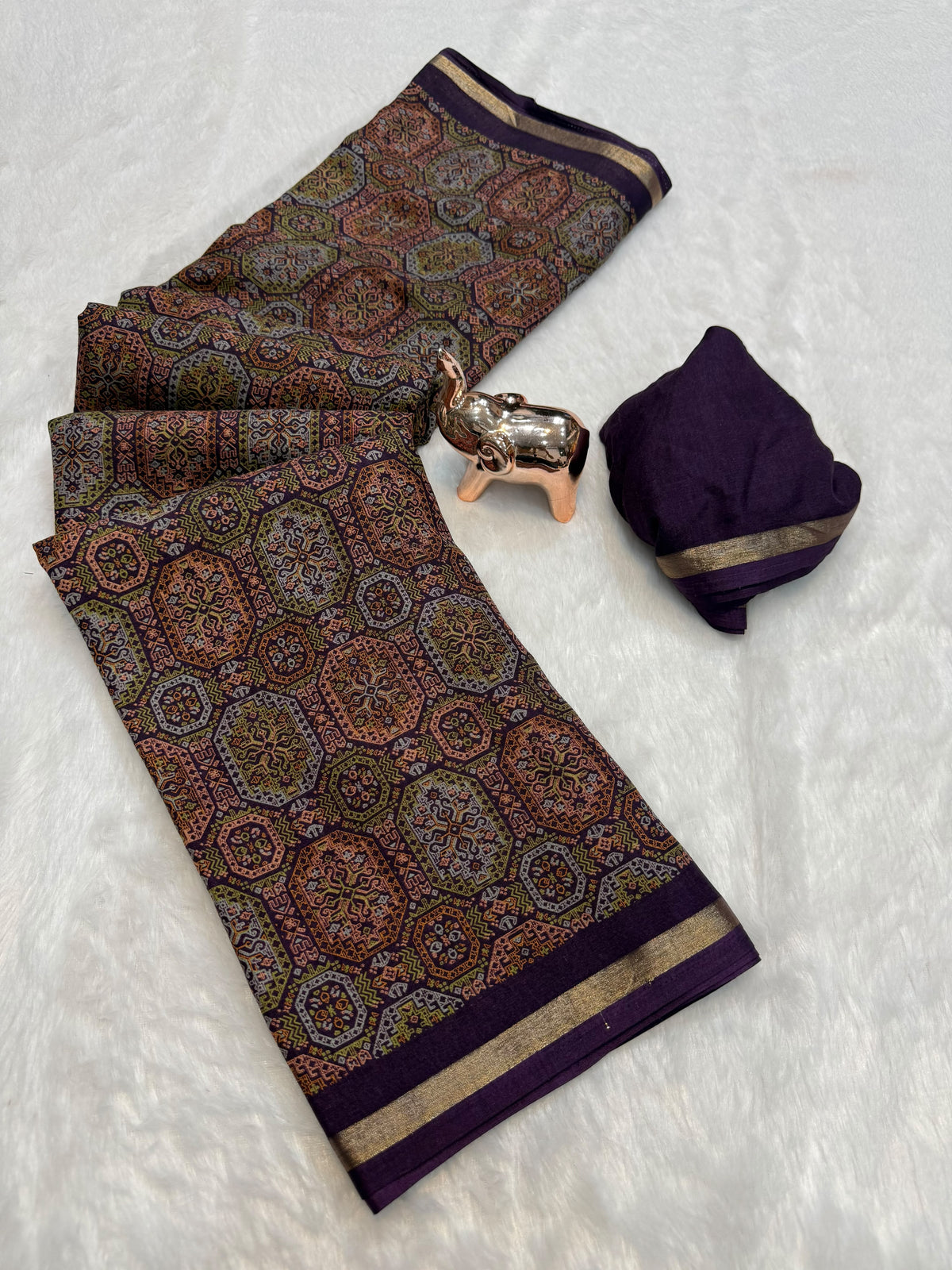 Tussar Saree with Kashmiri-Inspired Geometric Motifs, Gold-Tone Border and Running Blouse for Festive Occasions