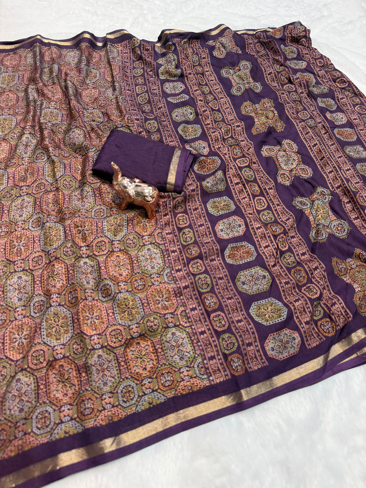 Tussar Saree with Kashmiri-Inspired Geometric Motifs, Gold-Tone Border and Running Blouse for Festive Occasions