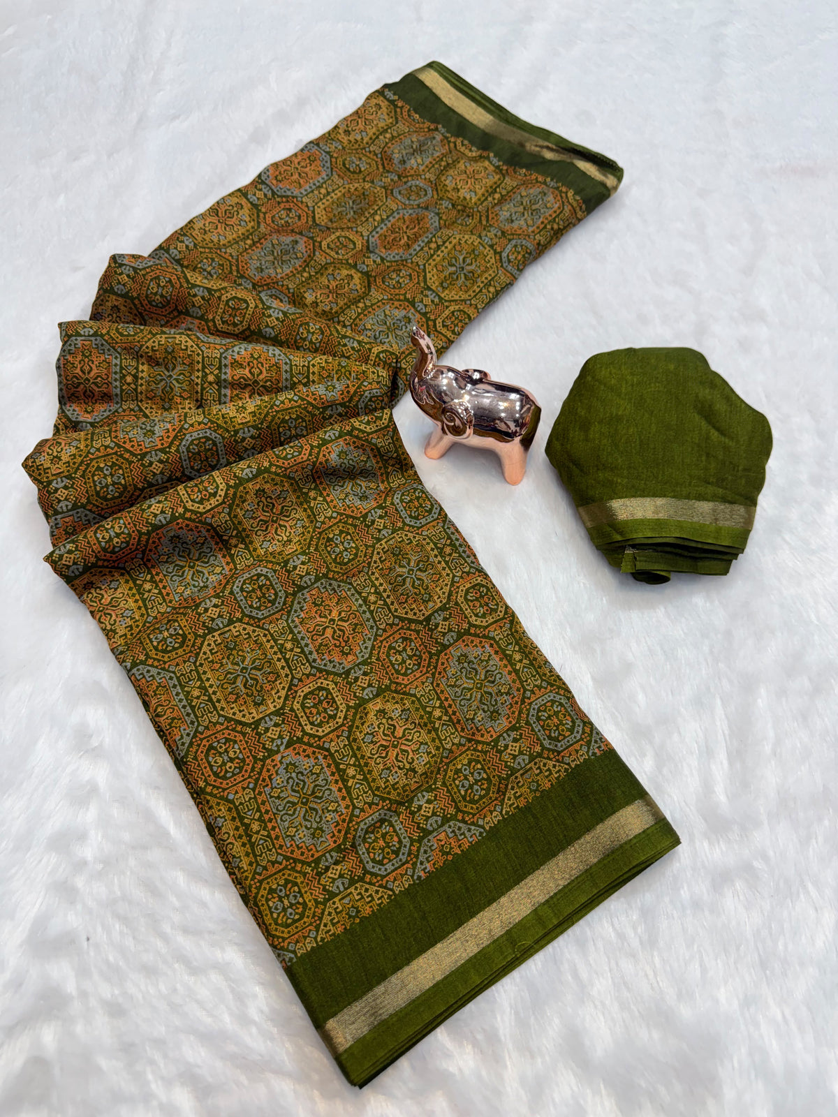Tussar Saree with Kashmiri-Inspired Geometric Motifs, Gold-Tone Border and Running Blouse for Festive Occasions