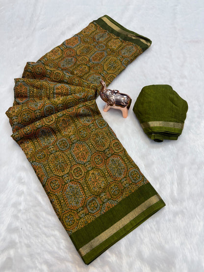 Tussar Saree with Kashmiri-Inspired Geometric Motifs, Gold-Tone Border and Running Blouse for Festive Occasions