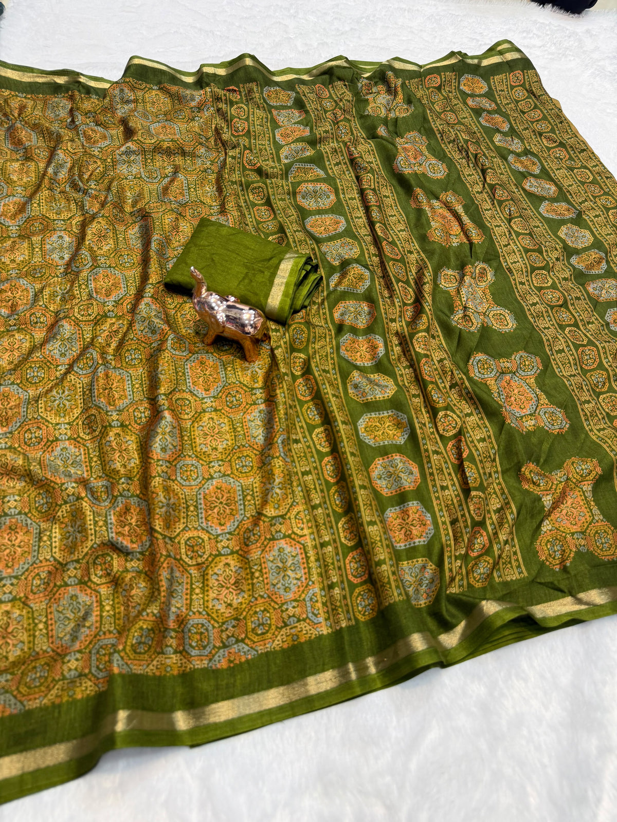 Tussar Saree with Kashmiri-Inspired Geometric Motifs, Gold-Tone Border and Running Blouse for Festive Occasions