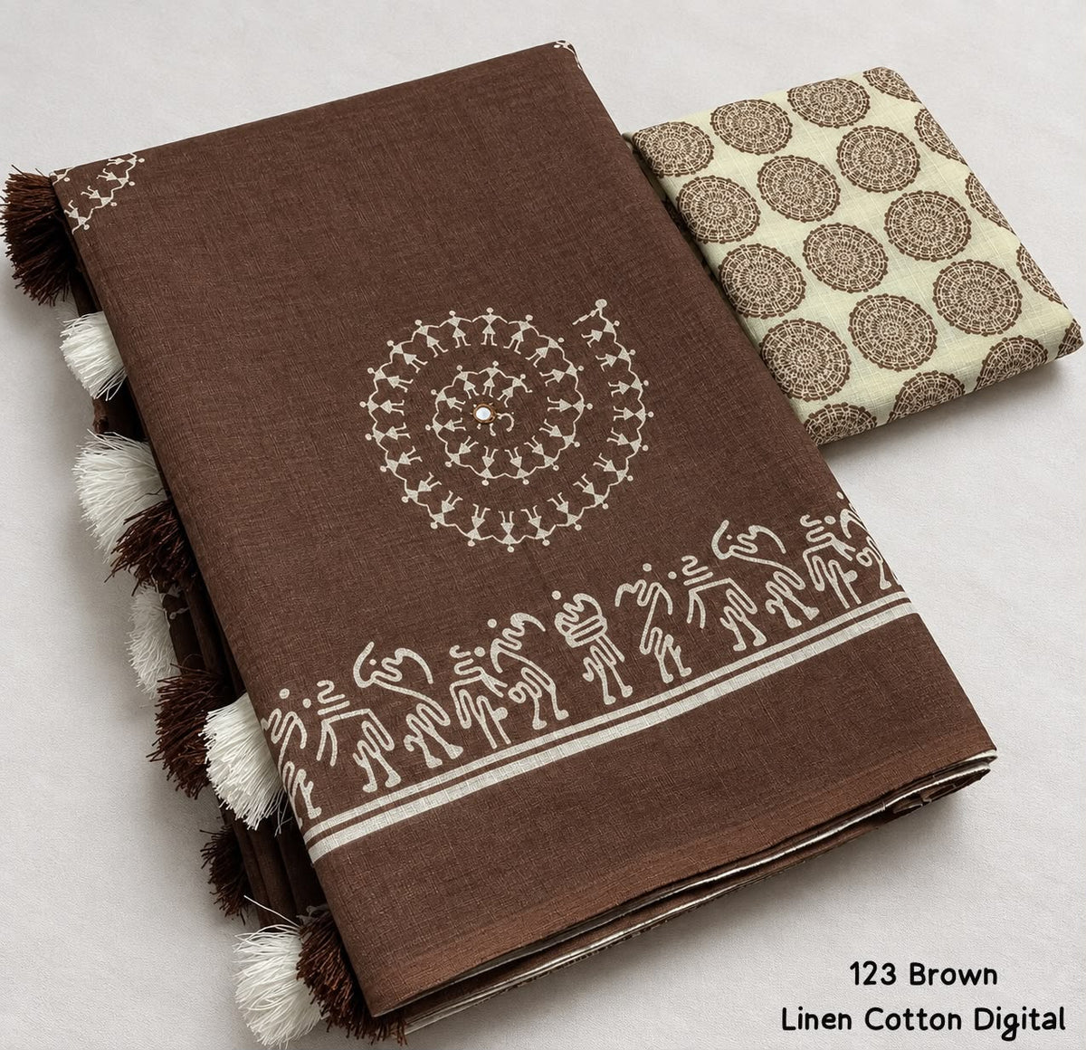 Soft Linen Cotton Digital Print Saree in Brown & Navy Blue with Folk Art Motifs, Tassels & Running Blouse for Office Wear