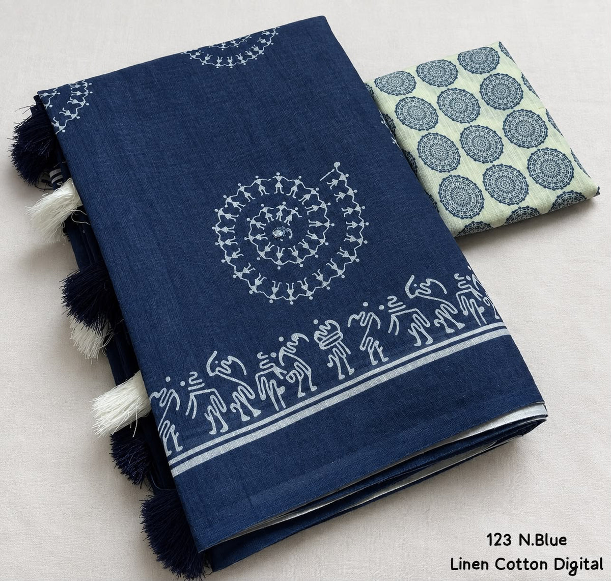 Soft Linen Cotton Digital Print Saree in Brown & Navy Blue with Folk Art Motifs, Tassels & Running Blouse for Office Wear