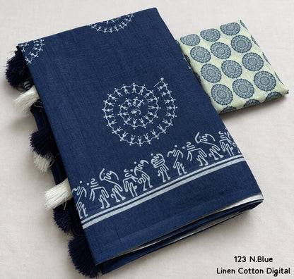 Soft Linen Cotton Digital Print Saree in Brown & Navy Blue with Folk Art Motifs, Tassels & Running Blouse for Office Wear