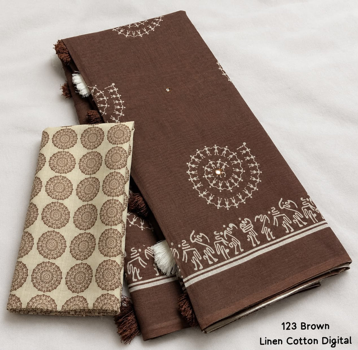 Soft Linen Cotton Digital Print Saree in Brown & Navy Blue with Folk Art Motifs, Tassels & Running Blouse for Office Wear