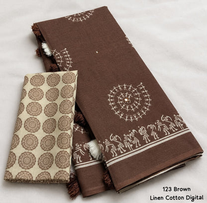 Soft Linen Cotton Digital Print Saree in Brown & Navy Blue with Folk Art Motifs, Tassels & Running Blouse for Office Wear