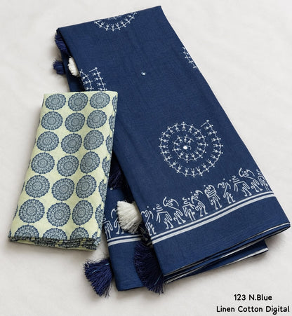 Soft Linen Cotton Digital Print Saree in Brown & Navy Blue with Folk Art Motifs, Tassels & Running Blouse for Office Wear