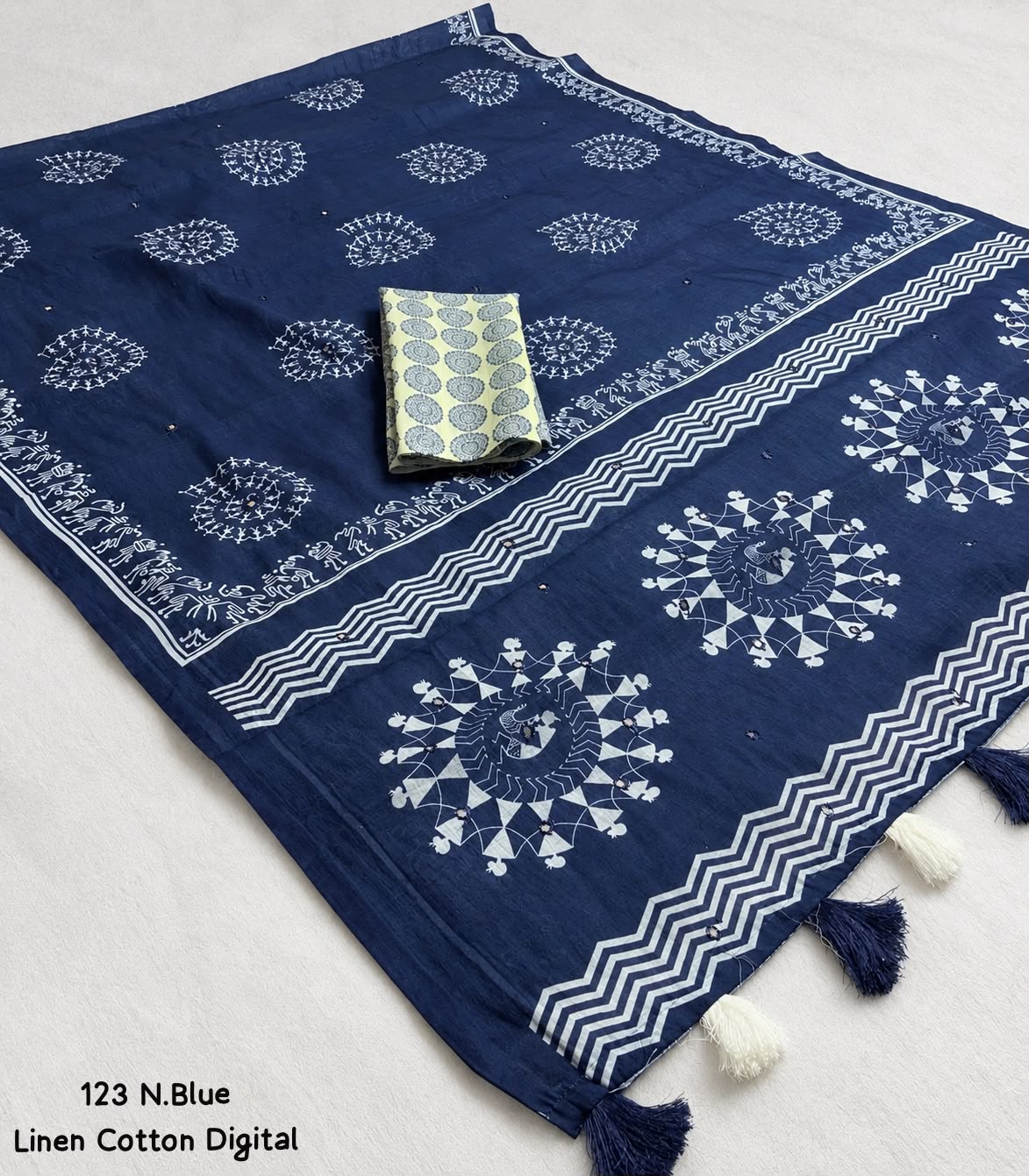 Soft Linen Cotton Digital Print Saree in Brown & Navy Blue with Folk Art Motifs, Tassels & Running Blouse for Office Wear