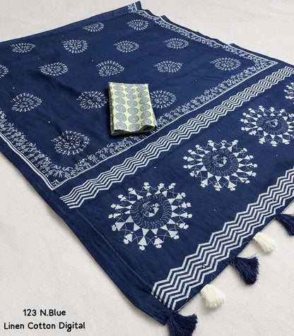 Soft Linen Cotton Digital Print Saree in Brown & Navy Blue with Folk Art Motifs, Tassels & Running Blouse for Office Wear