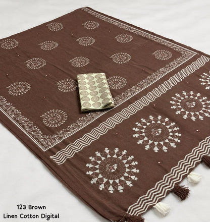 Soft Linen Cotton Digital Print Saree in Brown & Navy Blue with Folk Art Motifs, Tassels & Running Blouse for Office Wear