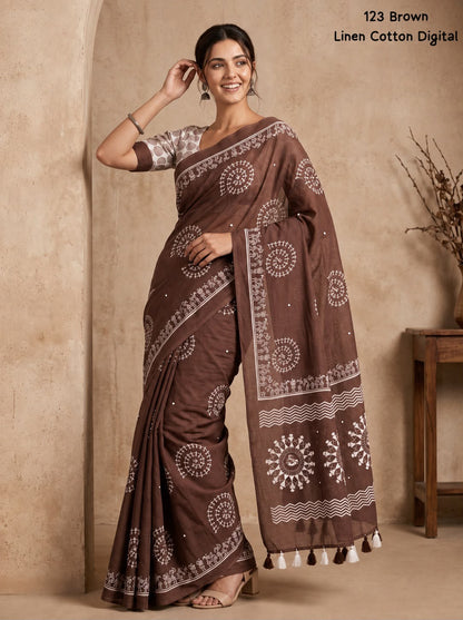 Soft Linen Cotton Digital Print Saree in Brown & Navy Blue with Folk Art Motifs, Tassels & Running Blouse for Office Wear