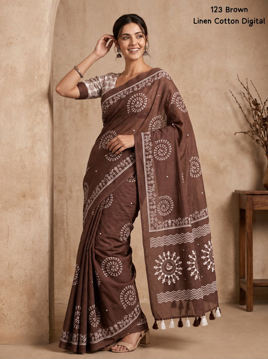 Soft Linen Cotton Digital Print Saree in Brown & Navy Blue with Folk Art Motifs, Tassels & Running Blouse for Office Wear