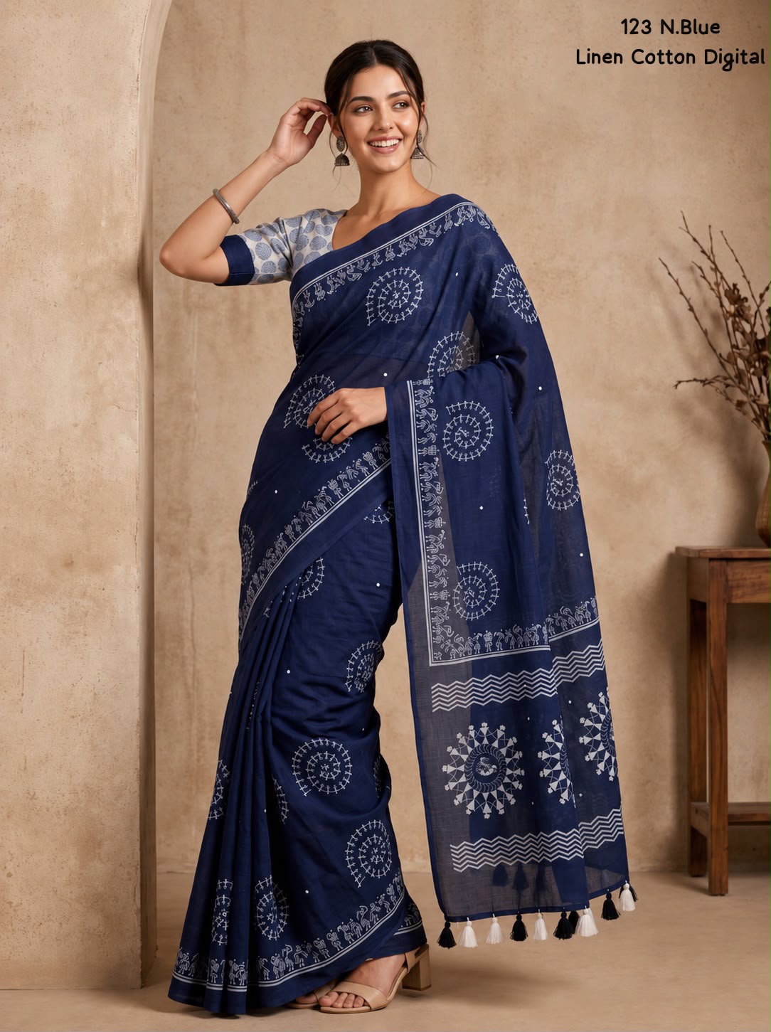 Soft Linen Cotton Digital Print Saree in Brown & Navy Blue with Folk Art Motifs, Tassels & Running Blouse for Office Wear
