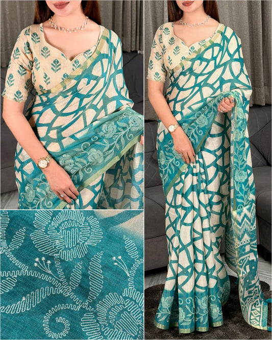 Erode Silk Saree with Floral Border, Tassel Pallu and Running Blouse in Teal Green, Rust Orange and Pink for Festive Wear