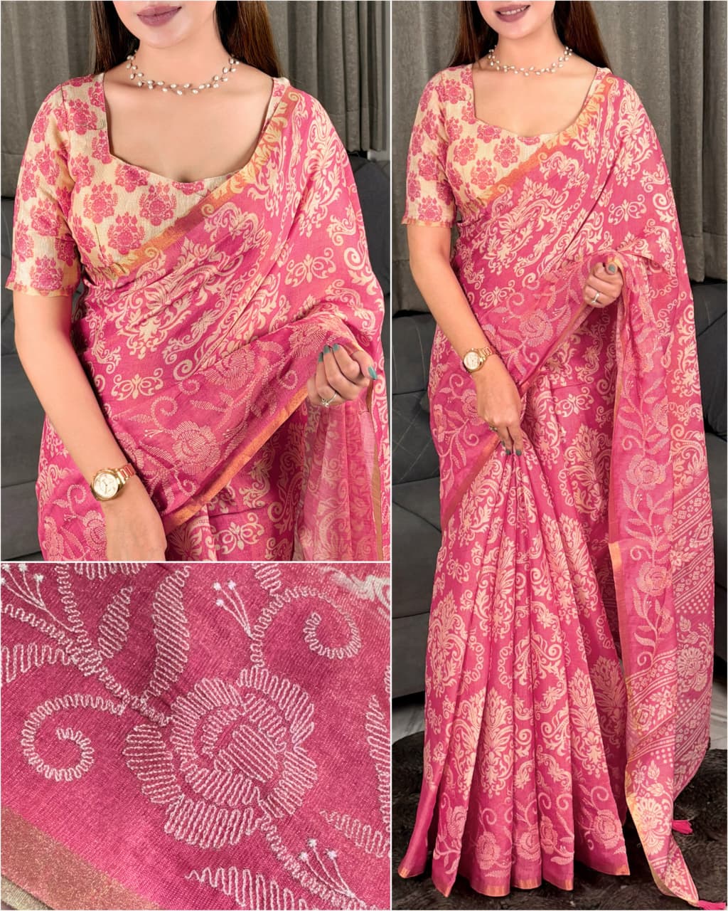 Erode Silk Saree with Floral Border, Tassel Pallu and Running Blouse in Teal Green, Rust Orange and Pink for Festive Wear