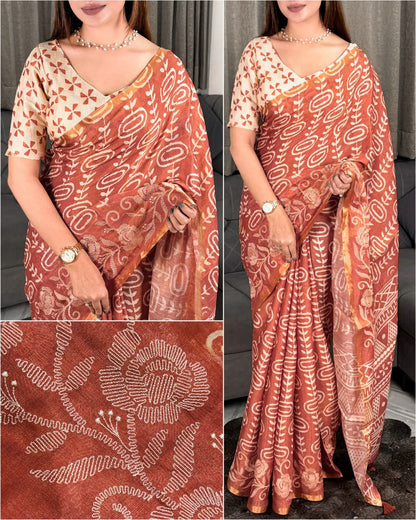 Erode Silk Saree with Floral Border, Tassel Pallu and Running Blouse in Teal Green, Rust Orange and Pink for Festive Wear