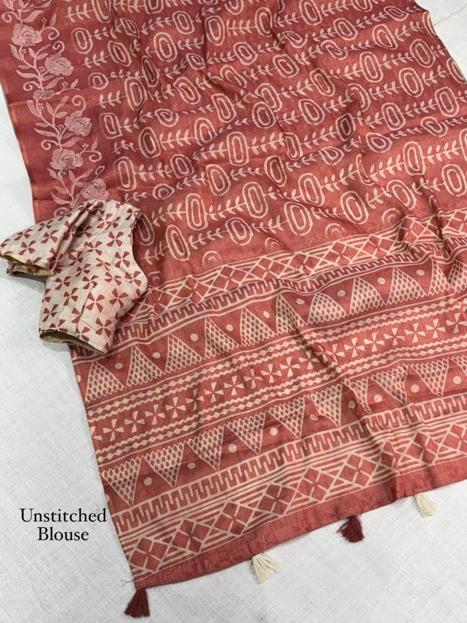 Erode Silk Saree with Floral Border, Tassel Pallu and Running Blouse in Teal Green, Rust Orange and Pink for Festive Wear