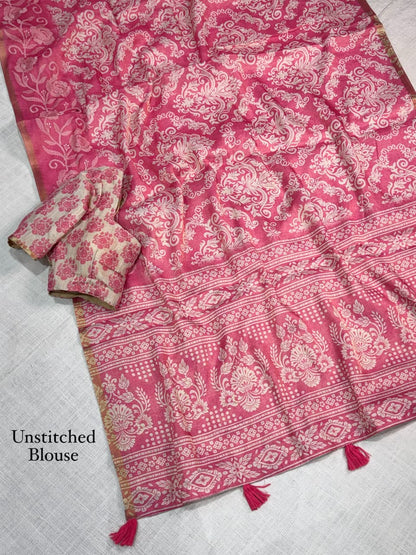 Erode Silk Saree with Floral Border, Tassel Pallu and Running Blouse in Teal Green, Rust Orange and Pink for Festive Wear
