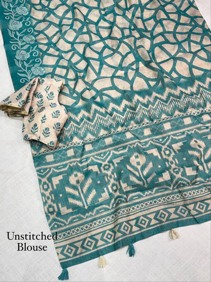Erode Silk Saree with Floral Border, Tassel Pallu and Running Blouse in Teal Green, Rust Orange and Pink for Festive Wear