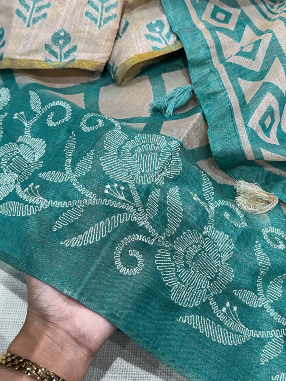 Erode Silk Saree with Floral Border, Tassel Pallu and Running Blouse in Teal Green, Rust Orange and Pink for Festive Wear