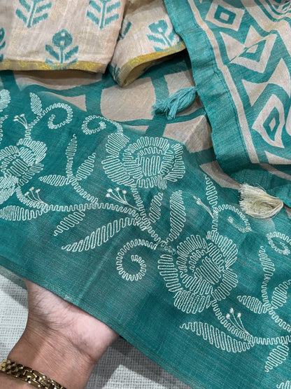 Erode Silk Saree with Floral Border, Tassel Pallu and Running Blouse in Teal Green, Rust Orange and Pink for Festive Wear