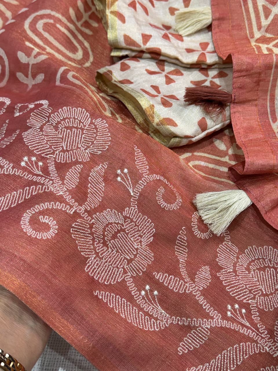 Erode Silk Saree with Floral Border, Tassel Pallu and Running Blouse in Teal Green, Rust Orange and Pink for Festive Wear