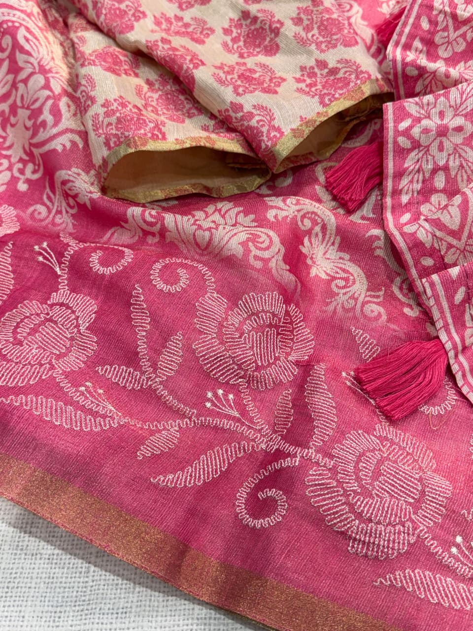 Erode Silk Saree with Floral Border, Tassel Pallu and Running Blouse in Teal Green, Rust Orange and Pink for Festive Wear