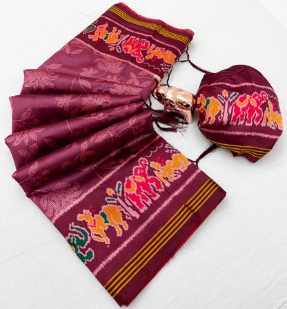 Viscose Saree with Floral Design, Multicolour Animal Motif Border and Running Blouse for Festive Wear, 6.3 Metres