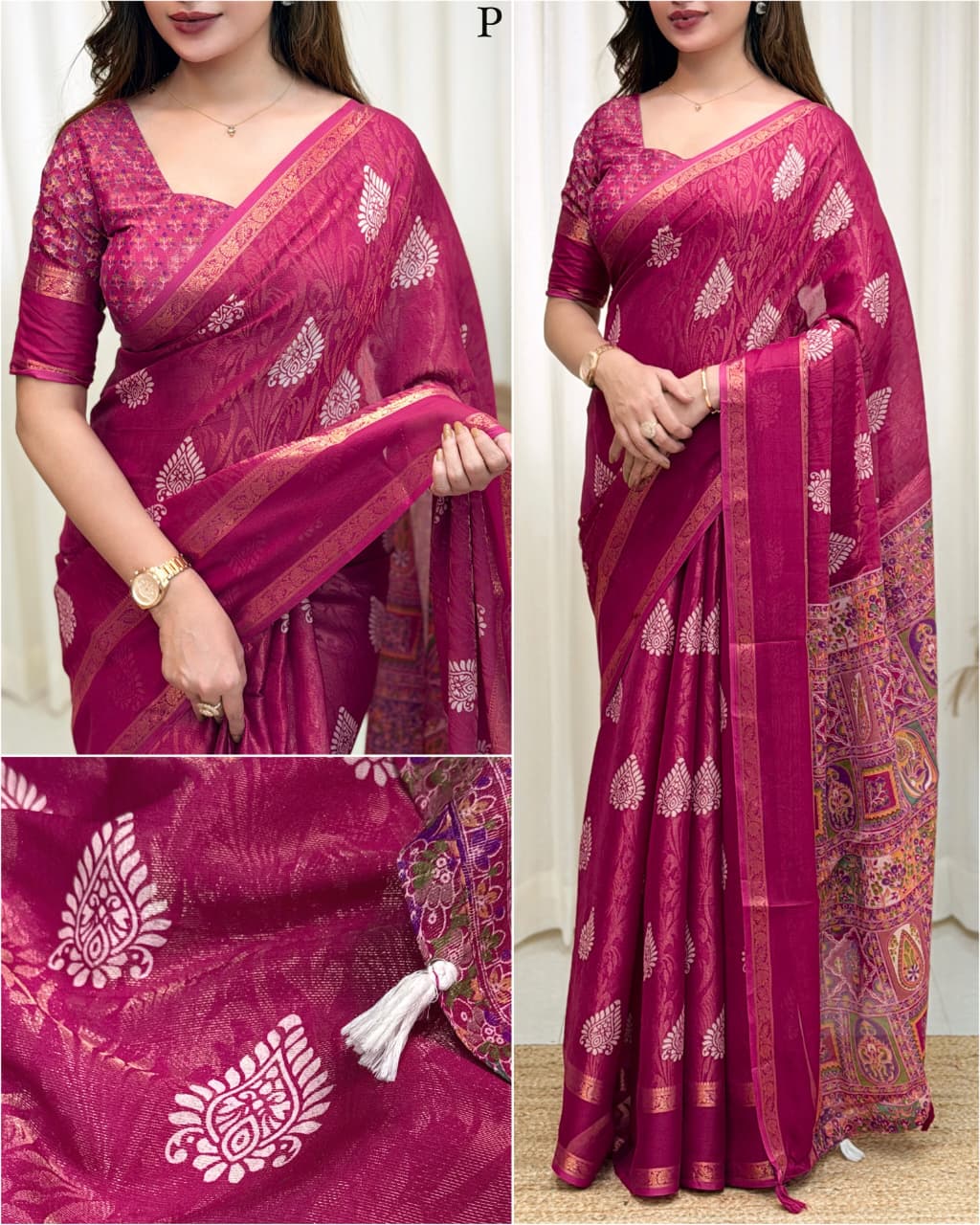 Cotton Jacquard Saree with Traditional Motifs, Decorative Border and Multicolour Pallu with Running Blouse for Festive Wear
