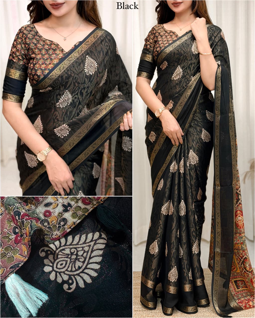 Cotton Jacquard Saree with Traditional Motifs, Decorative Border and Multicolour Pallu with Running Blouse for Festive Wear