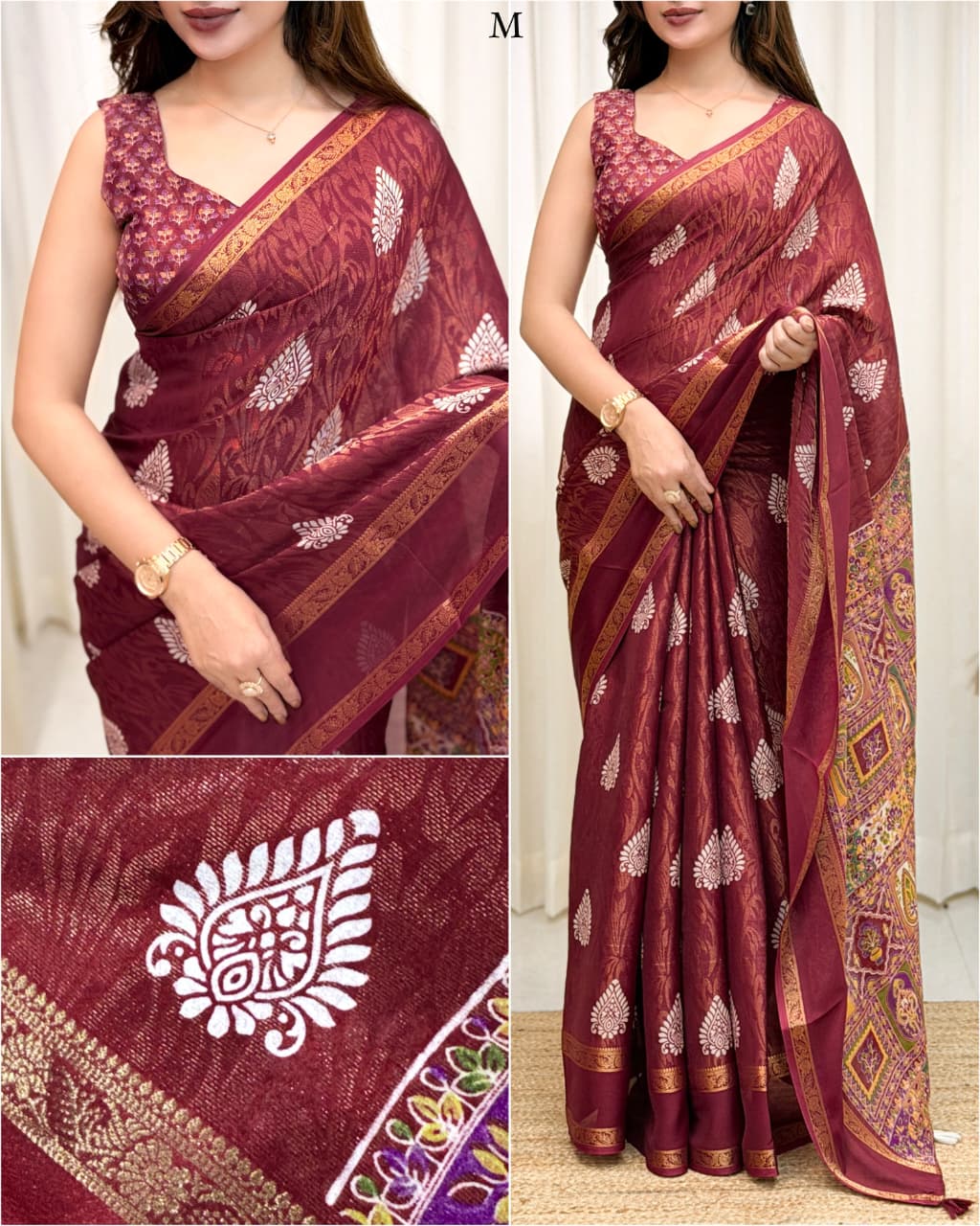 Cotton Jacquard Saree with Traditional Motifs, Decorative Border and Multicolour Pallu with Running Blouse for Festive Wear