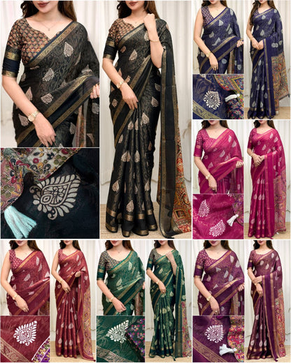 Cotton Jacquard Saree with Traditional Motifs, Decorative Border and Multicolour Pallu with Running Blouse for Festive Wear