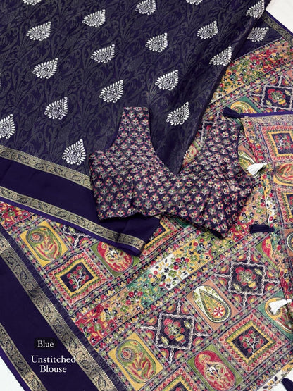 Cotton Jacquard Saree with Traditional Motifs, Decorative Border and Multicolour Pallu with Running Blouse for Festive Wear