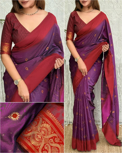 Viscose Silk Jacquard Saree with Floral Buti, Contrast Border & Running Blouse for Festive and Wedding Celebrations