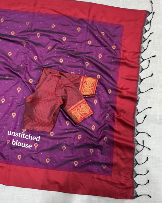 Viscose Silk Jacquard Saree with Floral Buti, Contrast Border & Running Blouse for Festive and Wedding Celebrations
