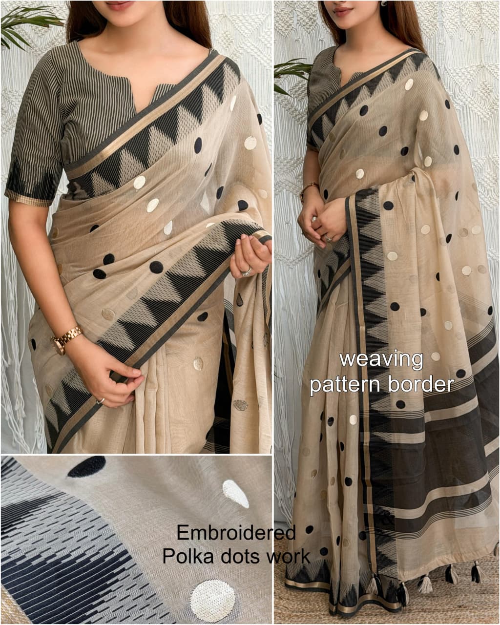 Beige and Black Modal Cotton Saree with Embroidered Polka Dots, Woven Pattern Border and Running Blouse for Office Wear