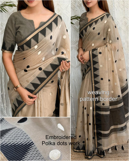 Beige and Black Modal Cotton Saree with Embroidered Polka Dots, Woven Pattern Border and Running Blouse for Office Wear