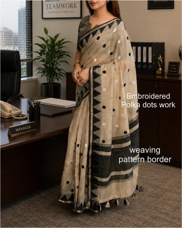 Beige and Black Modal Cotton Saree with Embroidered Polka Dots, Woven Pattern Border and Running Blouse for Office Wear