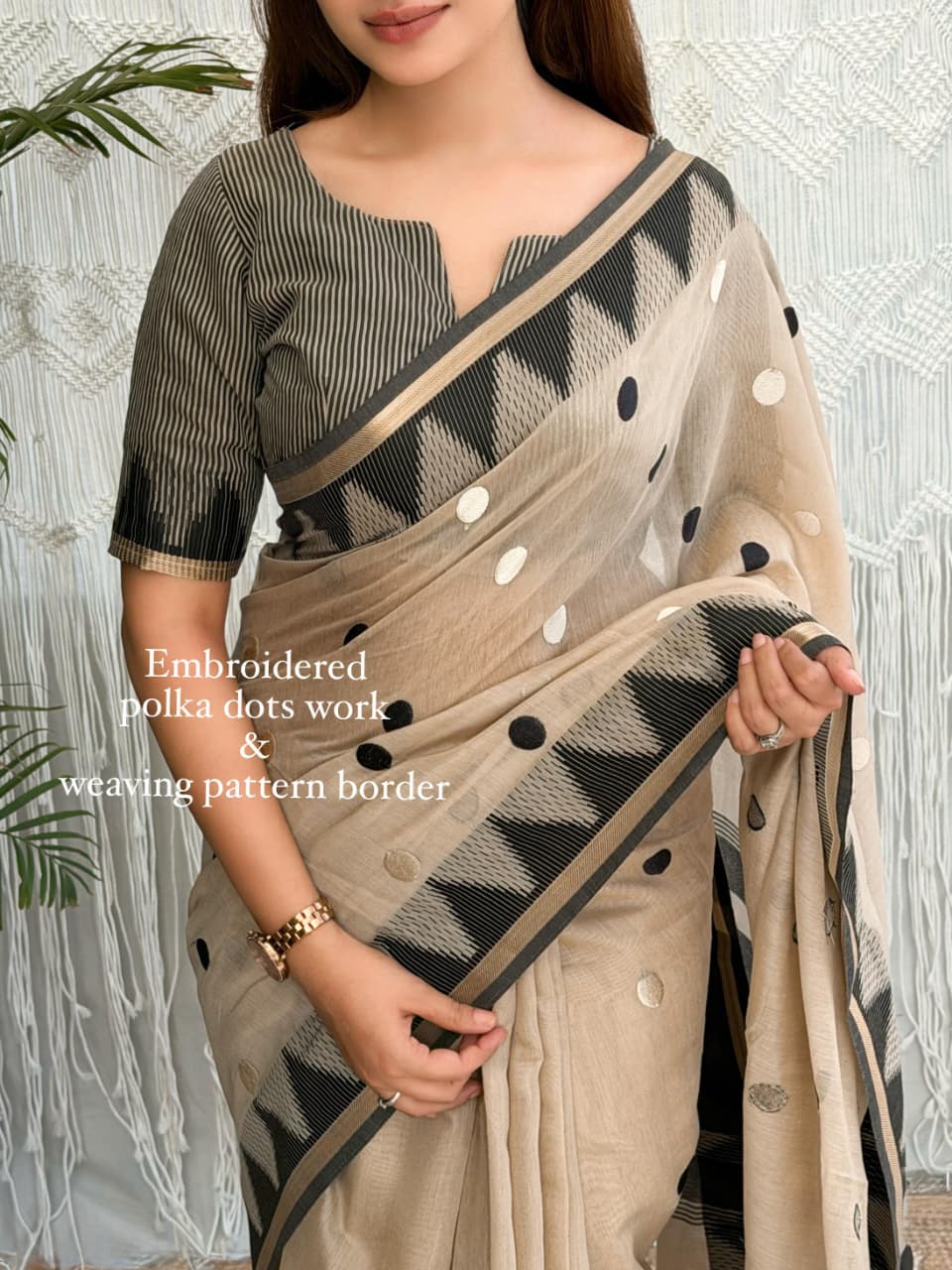 Beige and Black Modal Cotton Saree with Embroidered Polka Dots, Woven Pattern Border and Running Blouse for Office Wear