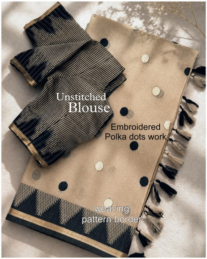 Beige and Black Modal Cotton Saree with Embroidered Polka Dots, Woven Pattern Border and Running Blouse for Office Wear