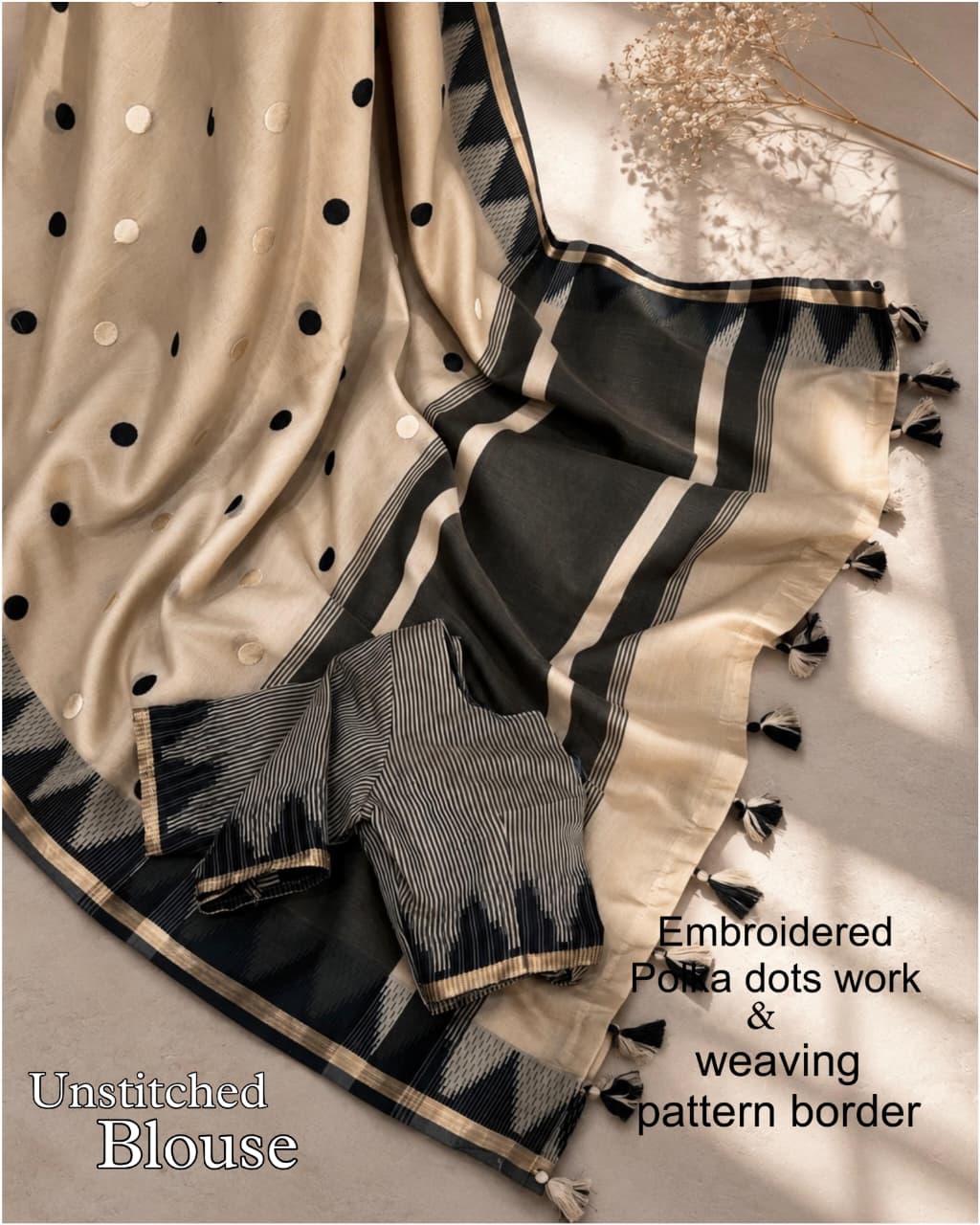 Beige and Black Modal Cotton Saree with Embroidered Polka Dots, Woven Pattern Border and Running Blouse for Office Wear