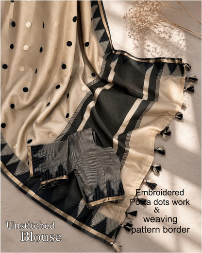 Beige and Black Modal Cotton Saree with Embroidered Polka Dots, Woven Pattern Border and Running Blouse for Office Wear