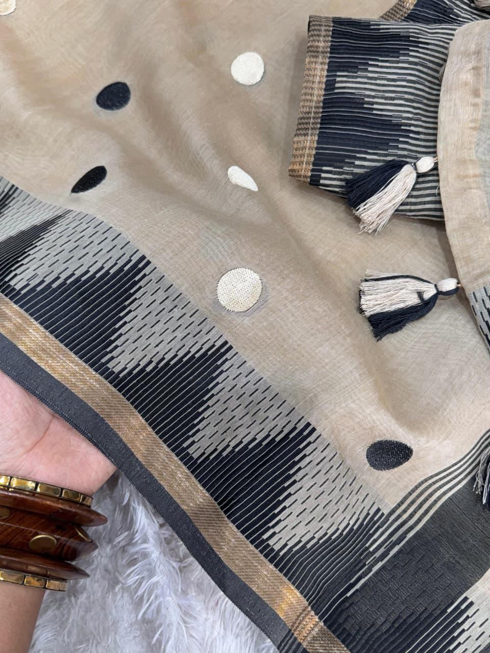 Beige and Black Modal Cotton Saree with Embroidered Polka Dots, Woven Pattern Border and Running Blouse for Office Wear