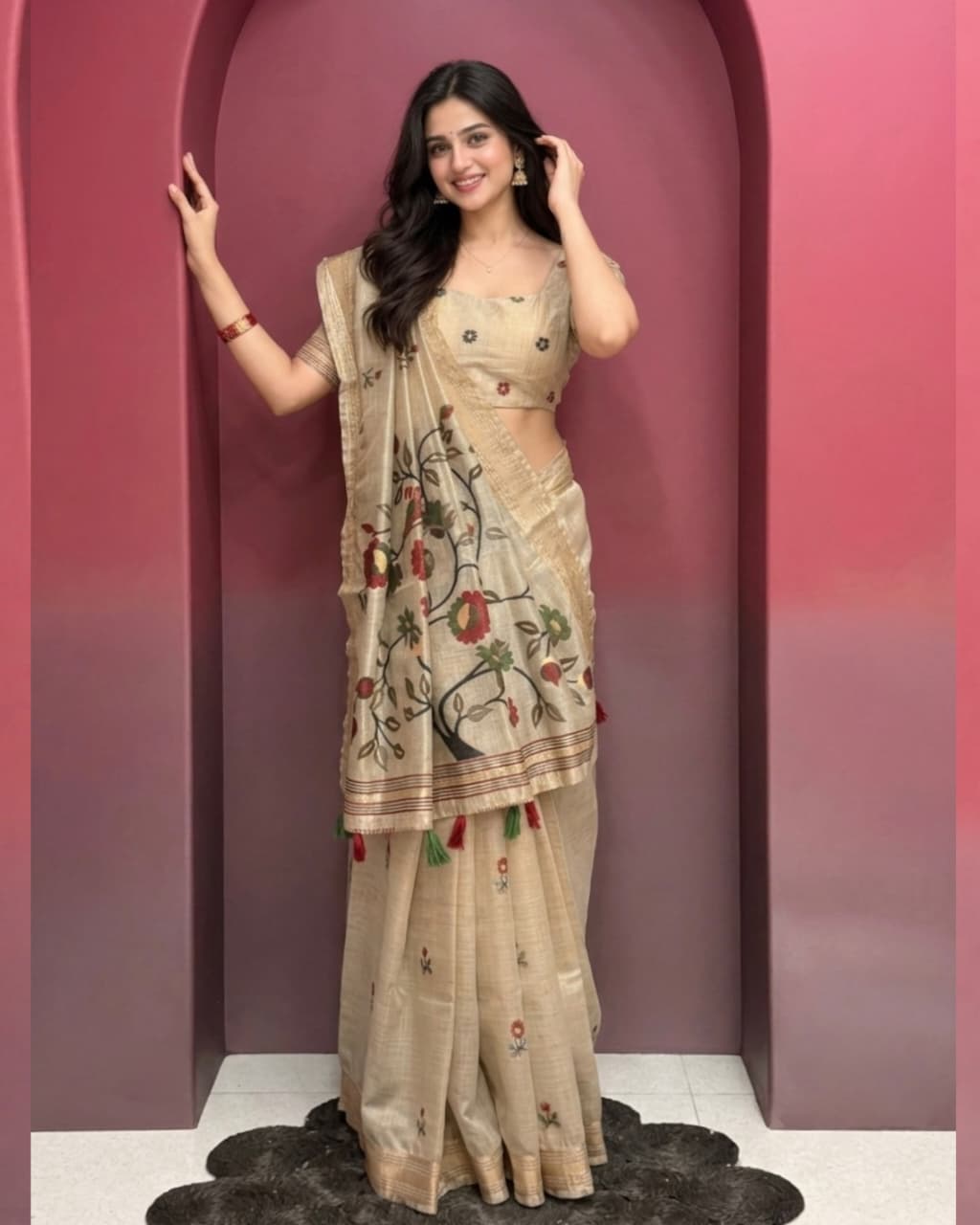 Champagne Beige Pure Glass Silk Saree with Floral and Bird Motif Pallu, Tassels & Running Blouse for Festive Wear
